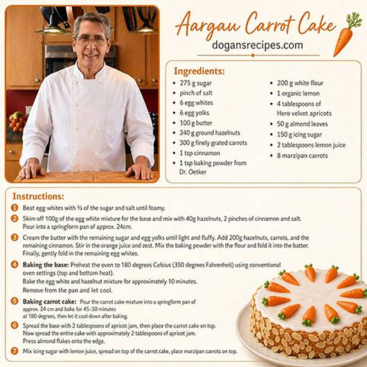 A traditional Swiss Aargau carrot cake (Aargauer Rüeblitorte) with a smooth white glaze, decorated with small marzipan carrots around the top edge